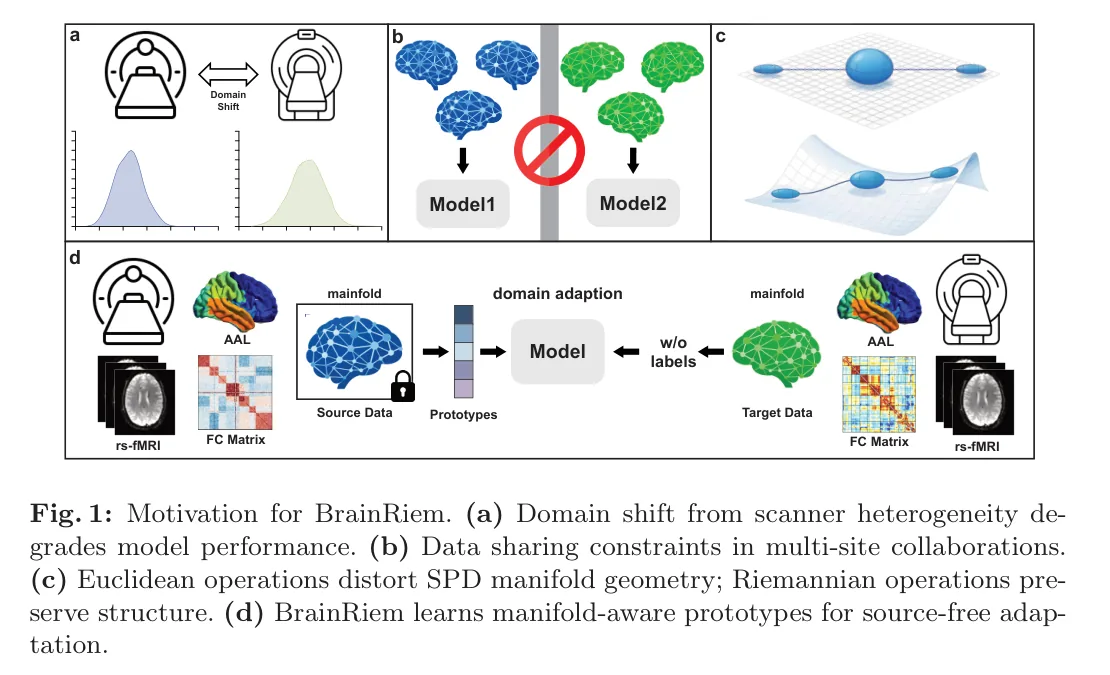 图 1:BrainRiem 的动机。(a) 扫描仪异构造成域偏移;(b) 多中心不能共享原始数据;(c) 欧氏运算扭曲 SPD 几何,黎曼运算保住结构;(d) 用流形上的原型做源自由适配。图源:Zhang and Xu, Figure 1, arXiv 2606.29200